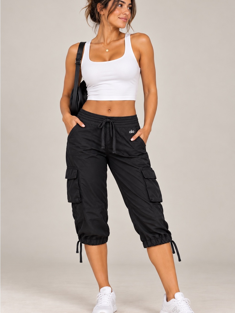 ALO Yoga Black Cargo Capri Pants with Drawstring Waist